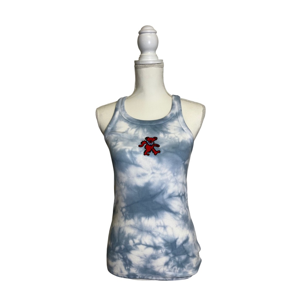Lucky Brand Women's Blue and White Tie-Dye Tank Top with Red Bear Size S